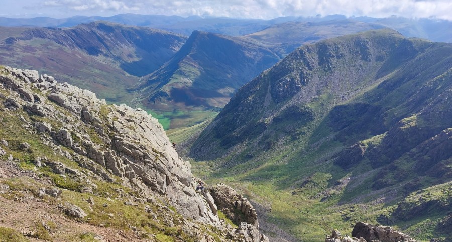 Wainwrights without a Car - Western Fells - View from ridge between Buttermere and Ennerdale with climbers on Oxford & Cambridge Climb - Grey Crag - with Fleetwith beyond